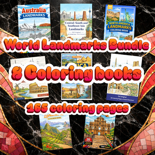 8 World Landmarks Coloring Book Bundle – 165 Printable Pages for Adults & Kids | Digital Download PDF