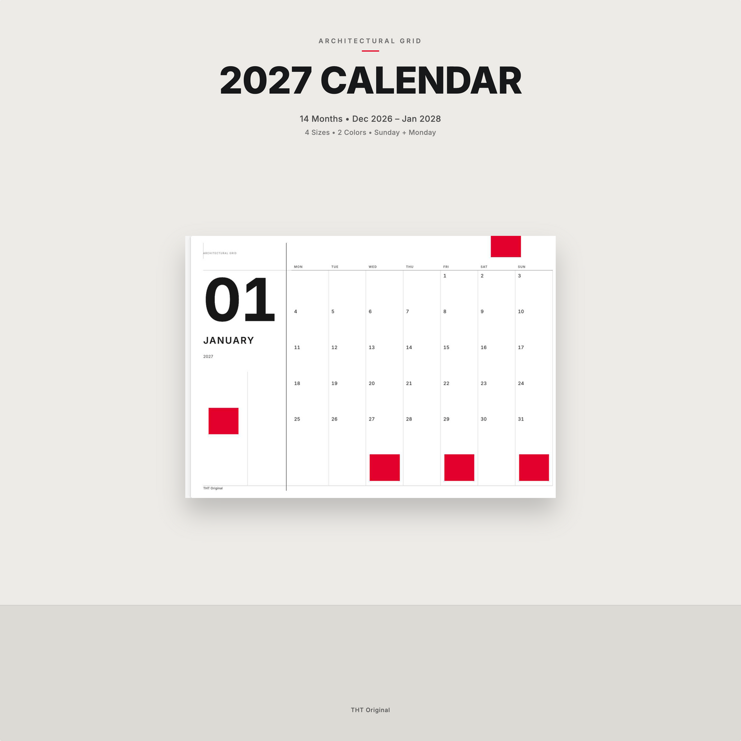Architectural Grid Swiss Minimalist Printable Calendar 2027