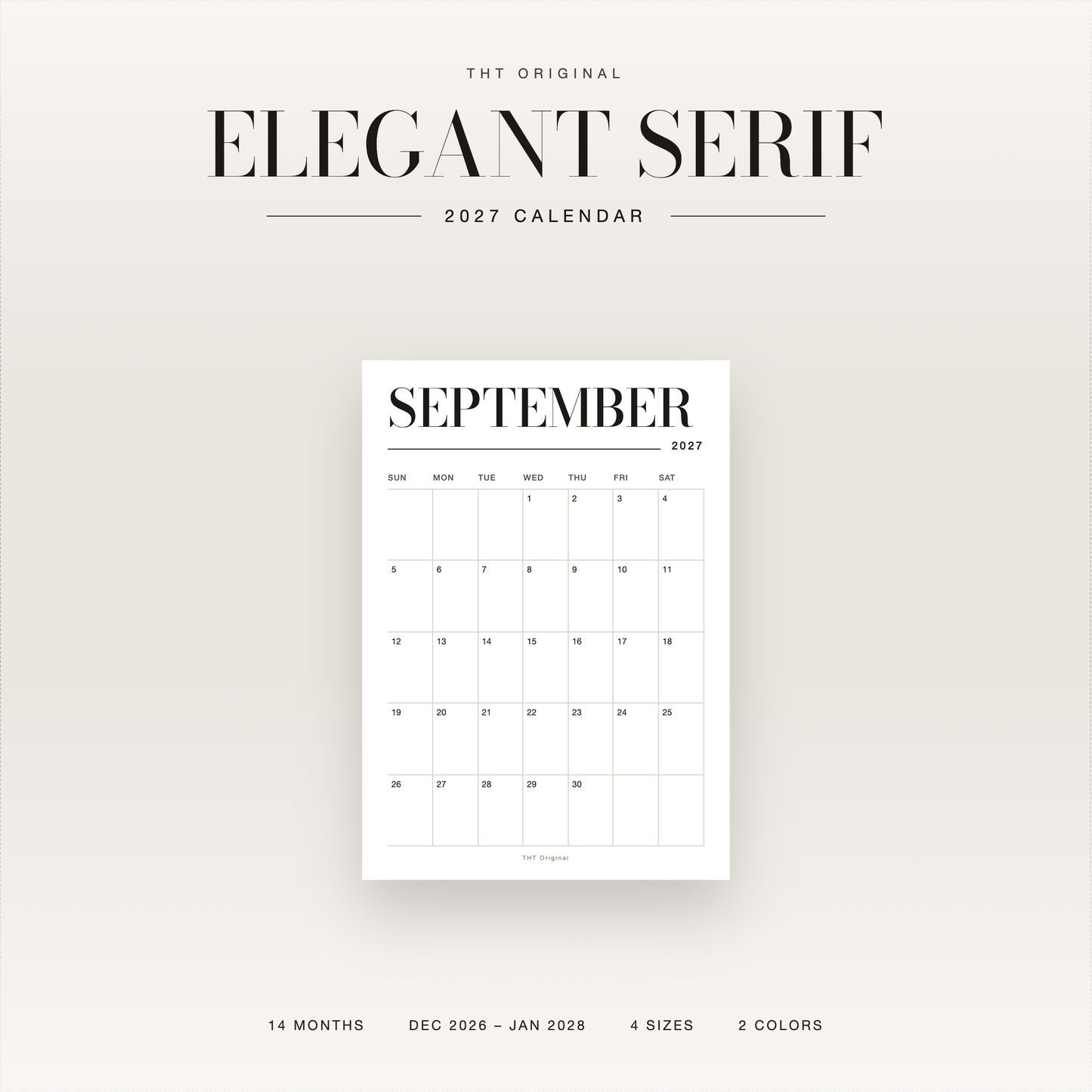 Elegant Serif 2027 Calendar Printable