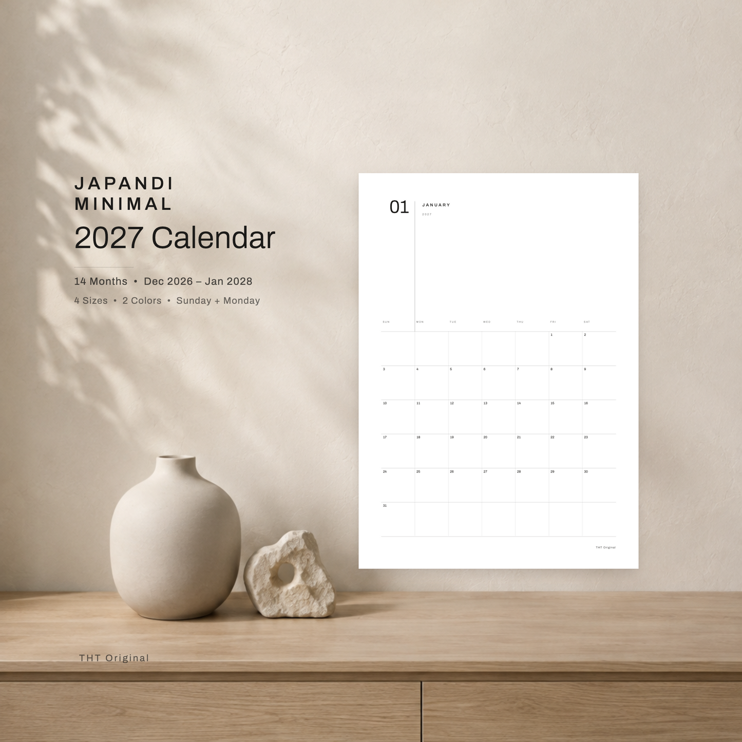 Japandi Minimal 2027 Printable Calendar