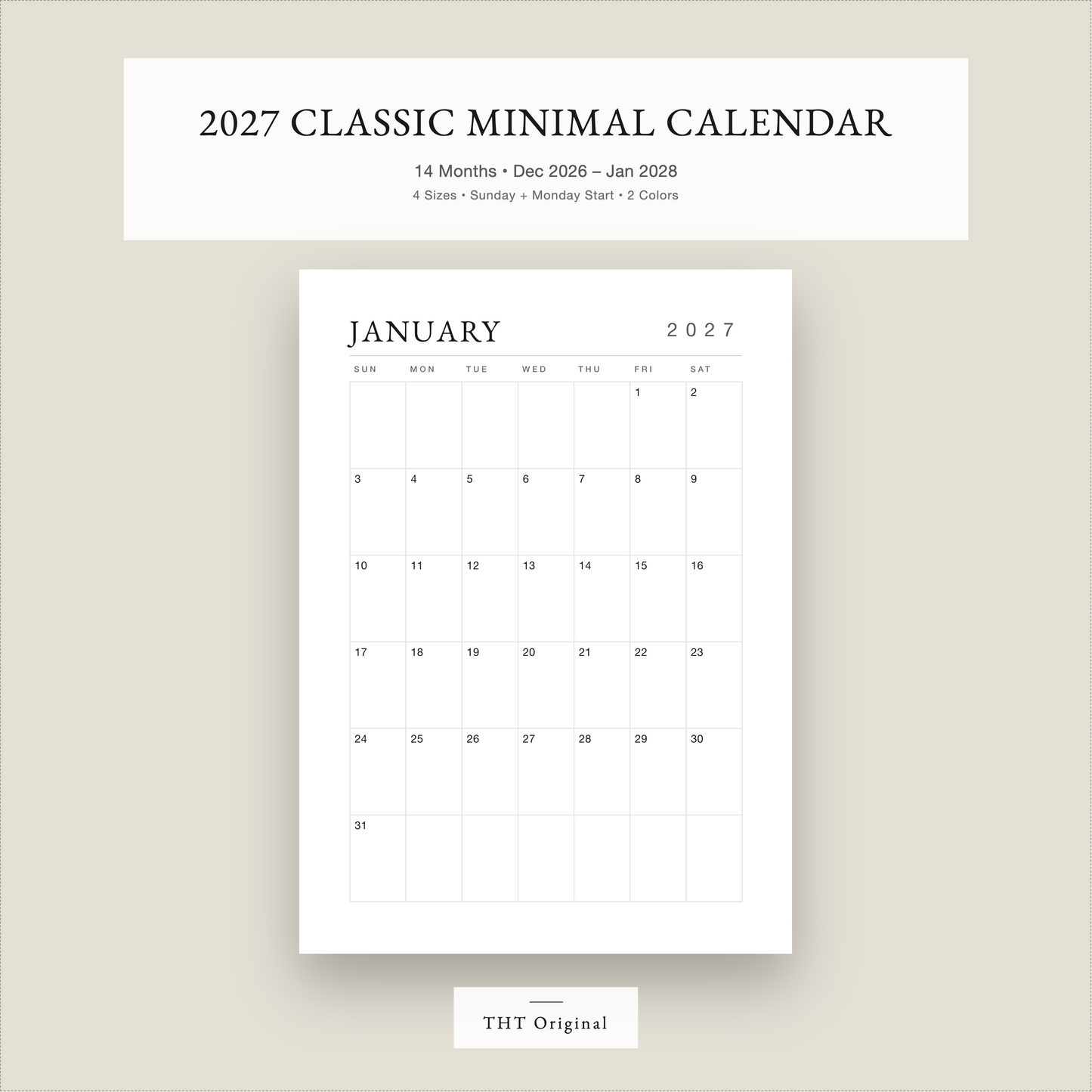 Classic Minimal Wall 2027 PrintableCalendar
