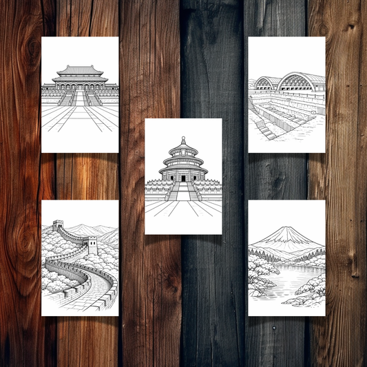 East Asia Landmarks Coloring Book – 20 Printable Pages for Adults & Kids | Digital Download PDF