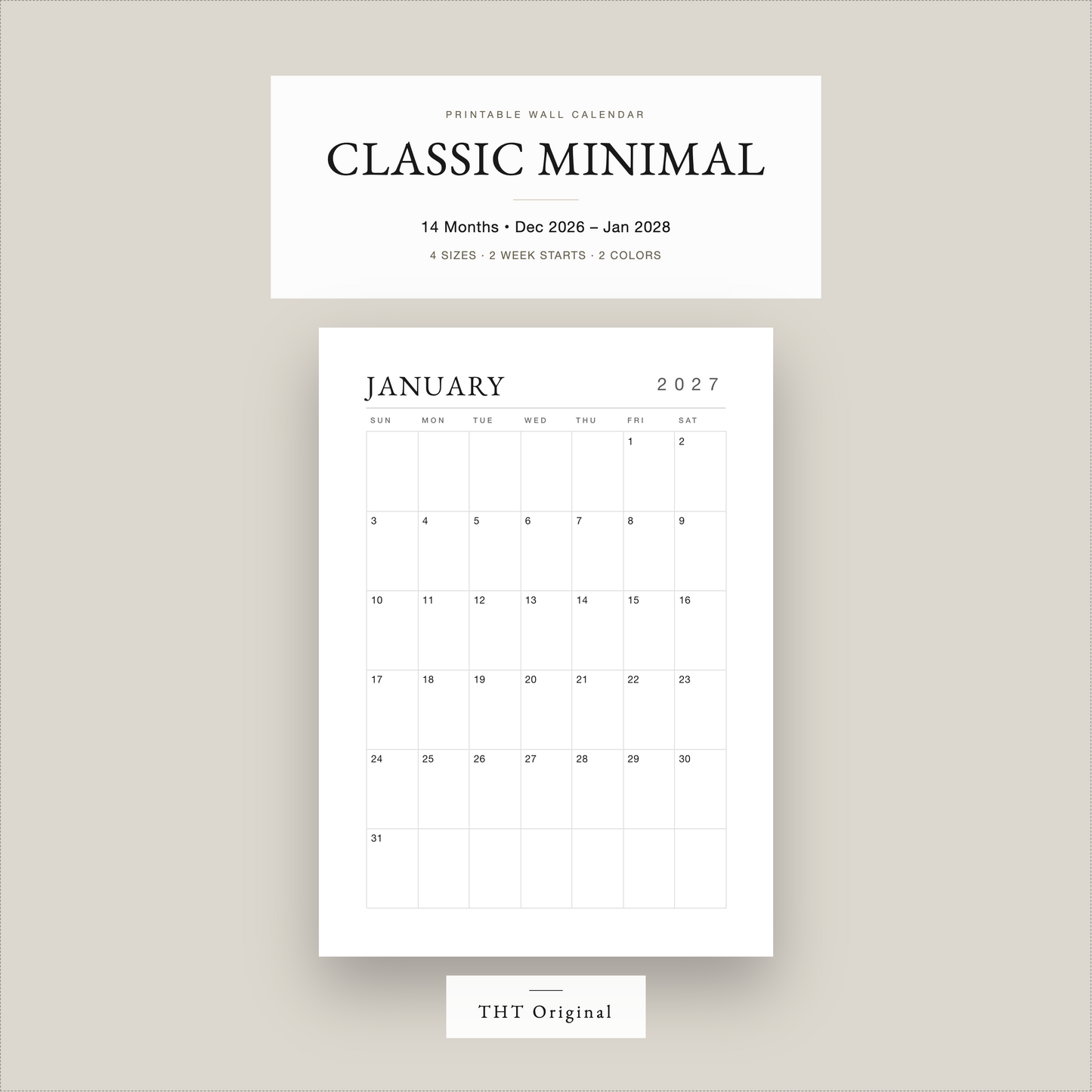 Classic Minimal Wall 2027 PrintableCalendar