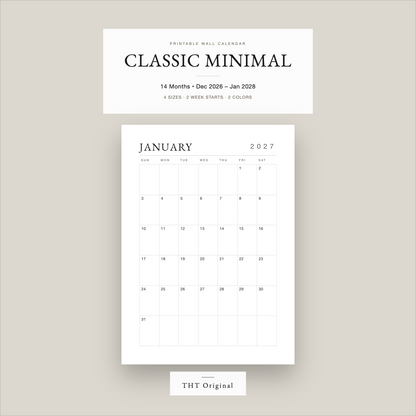 Classic Minimal Wall 2027 PrintableCalendar