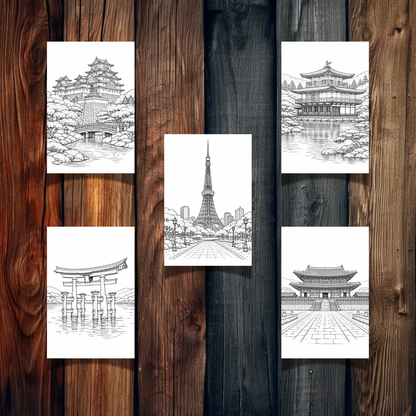 East Asia Landmarks Coloring Book – 20 Printable Pages for Adults & Kids | Digital Download PDF