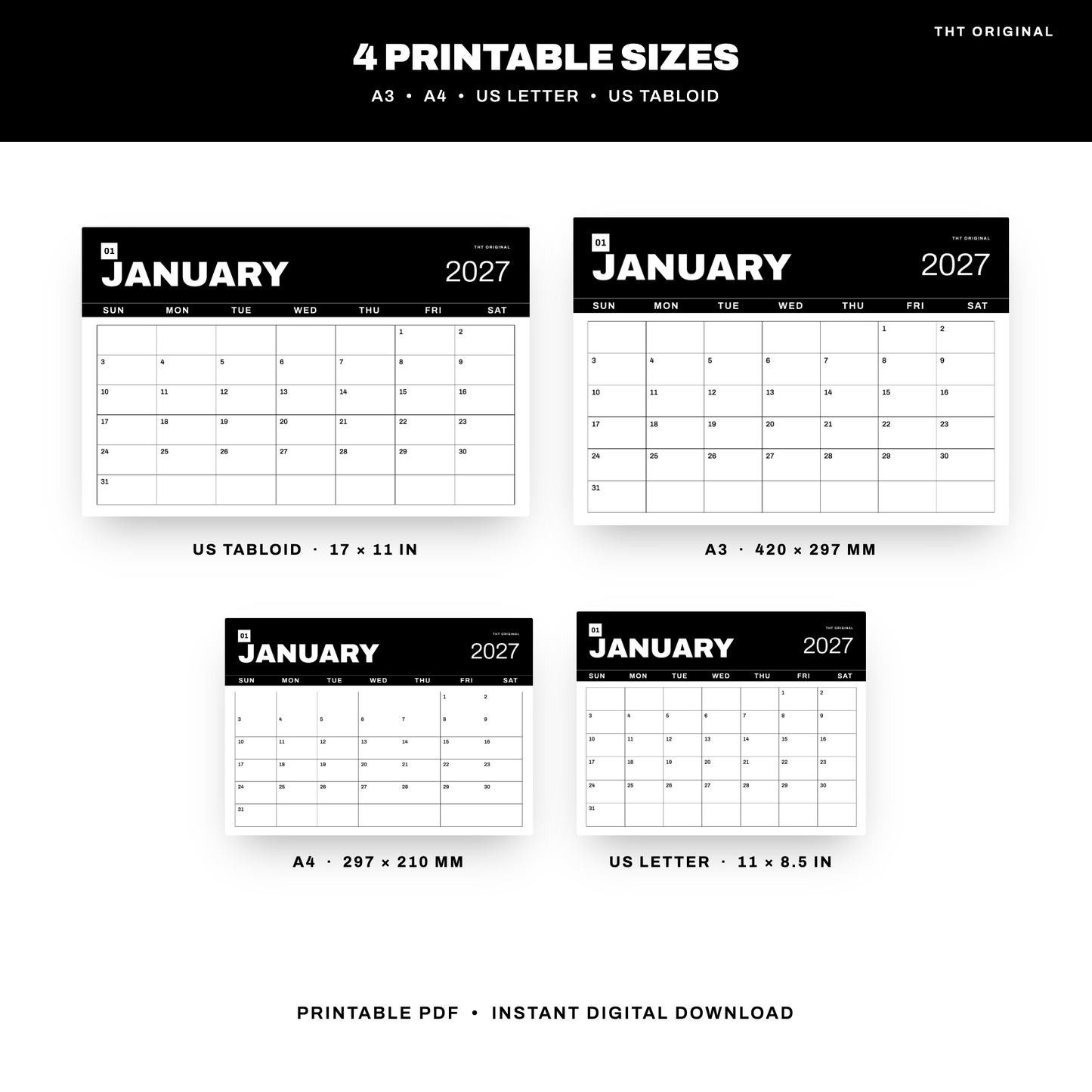 Black & White 2027 Calendar Printable