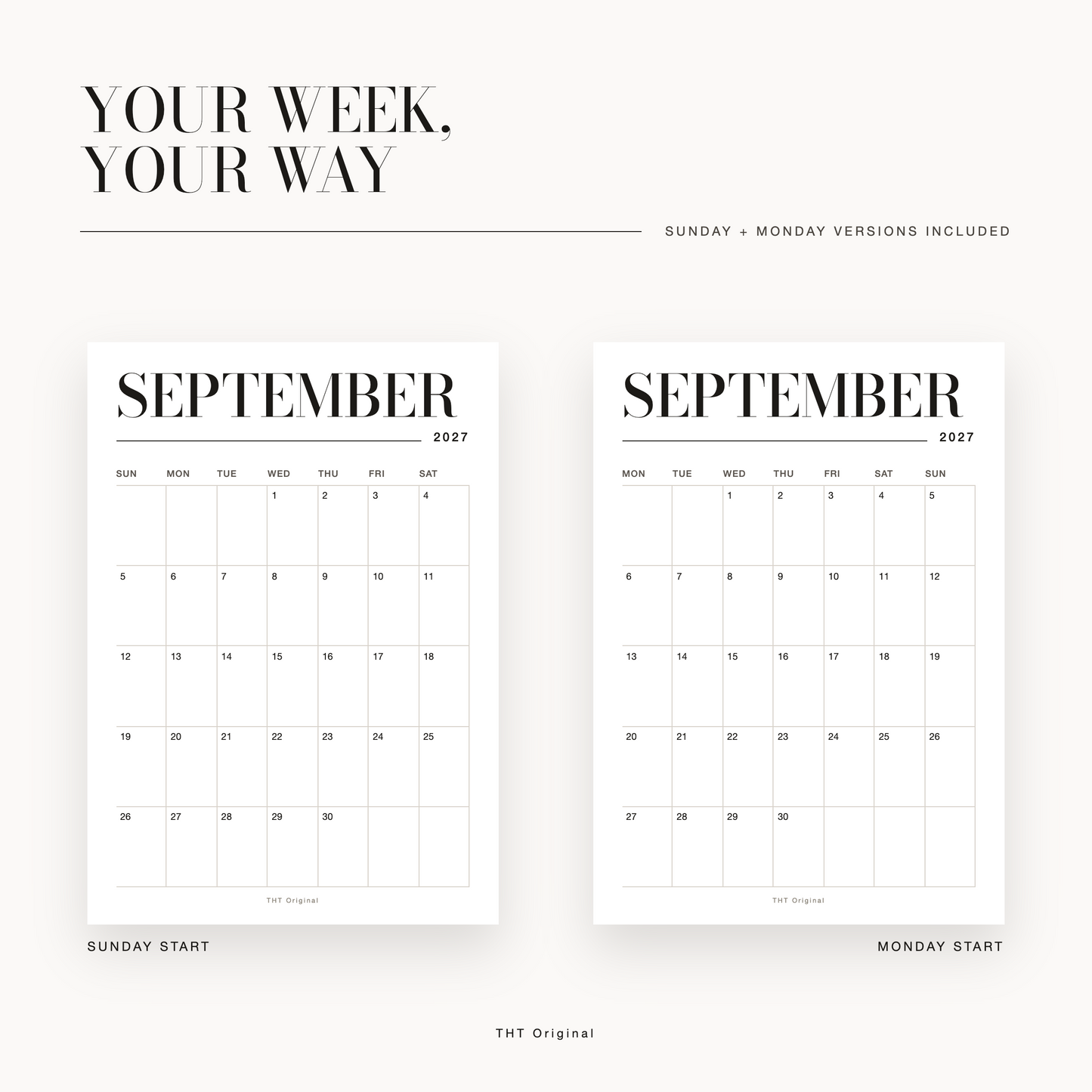 Elegant Serif 2027 Calendar Printable