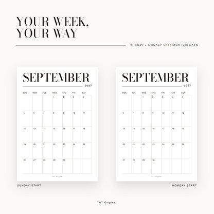 Elegant Serif 2027 Calendar Printable