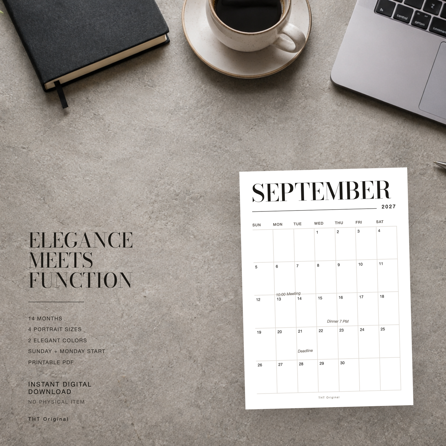 Elegant Serif 2027 Calendar Printable
