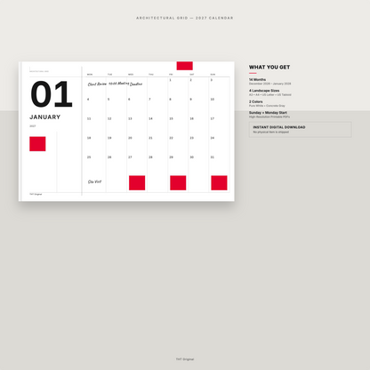 Architectural Grid Swiss Minimalist Printable Calendar 2027