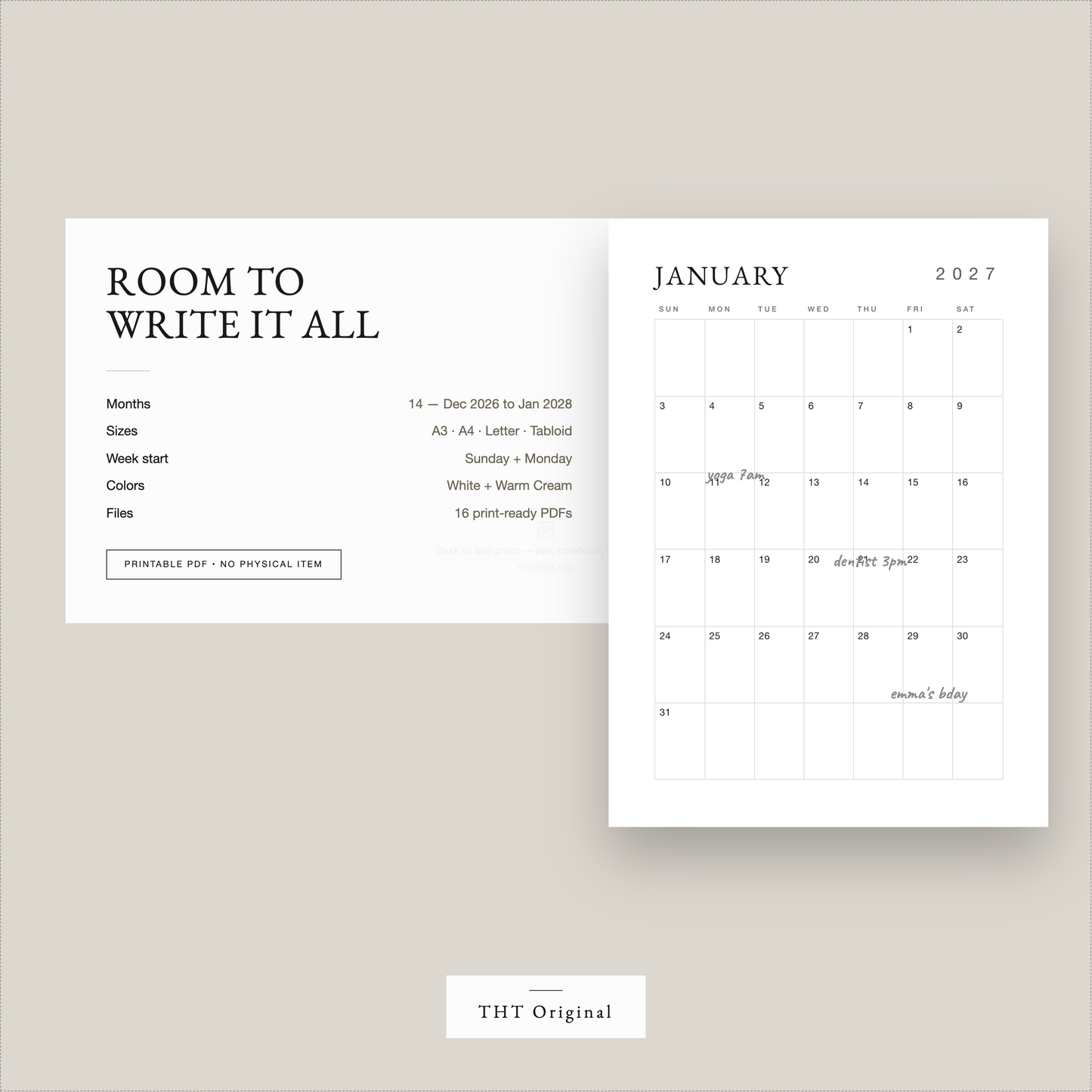 Classic Minimal Wall 2027 PrintableCalendar
