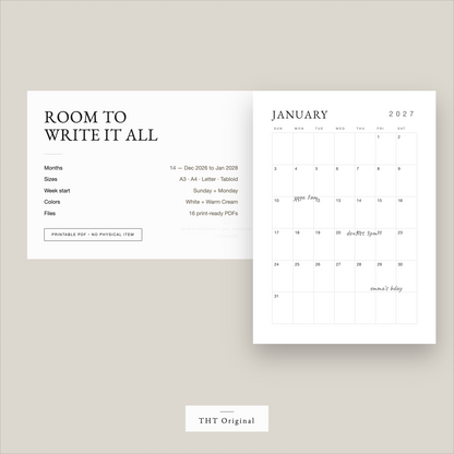 Classic Minimal Wall 2027 PrintableCalendar