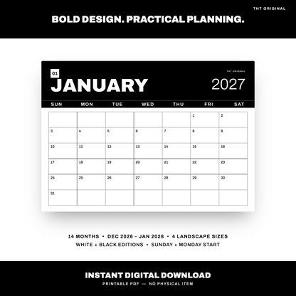 Black & White 2027 Calendar Printable