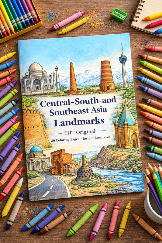 Central, South & Southeast Asia Landmarks Coloring Book – 30 Printable Pages | Digital Download PDF