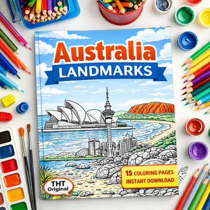 Australia & New Zealand Landmarks Coloring Book – 15 Printable Pages for Adults & Kids | Digital Download PDF