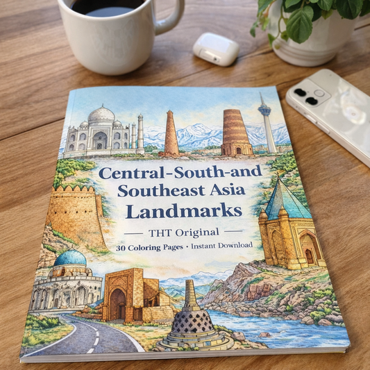 Central, South & Southeast Asia Landmarks Coloring Book – 30 Printable Pages | Digital Download PDF