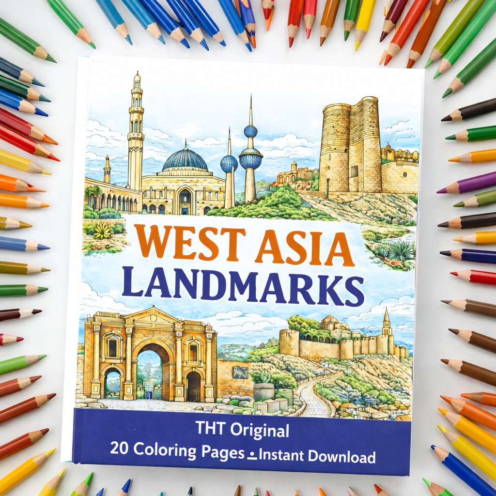 West Asia Landmarks Coloring Book – 20 Printable Pages for Adults & Kids | Digital Download PDF